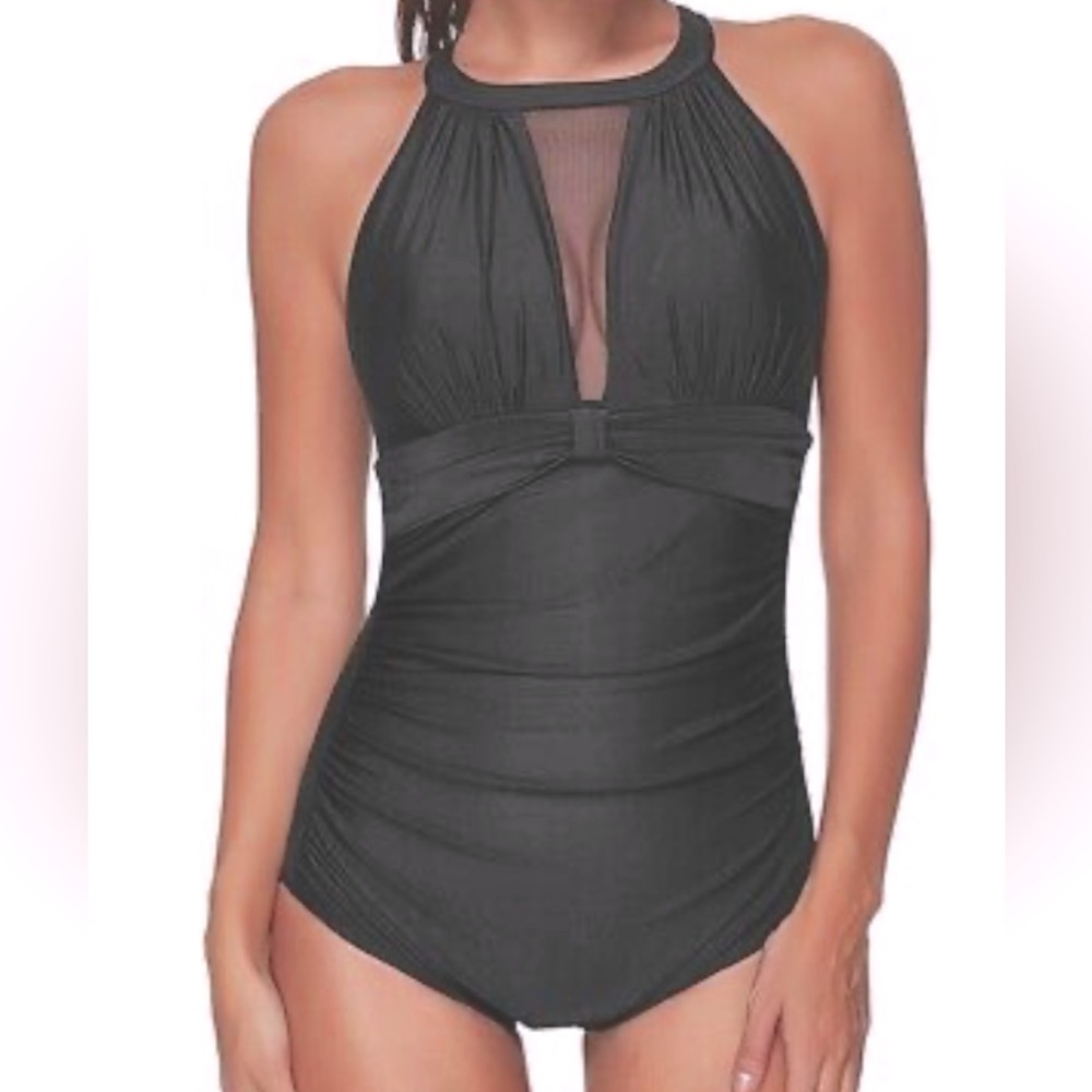 Womans Black Halter neck plunged ruched tummy control Bathing suit L